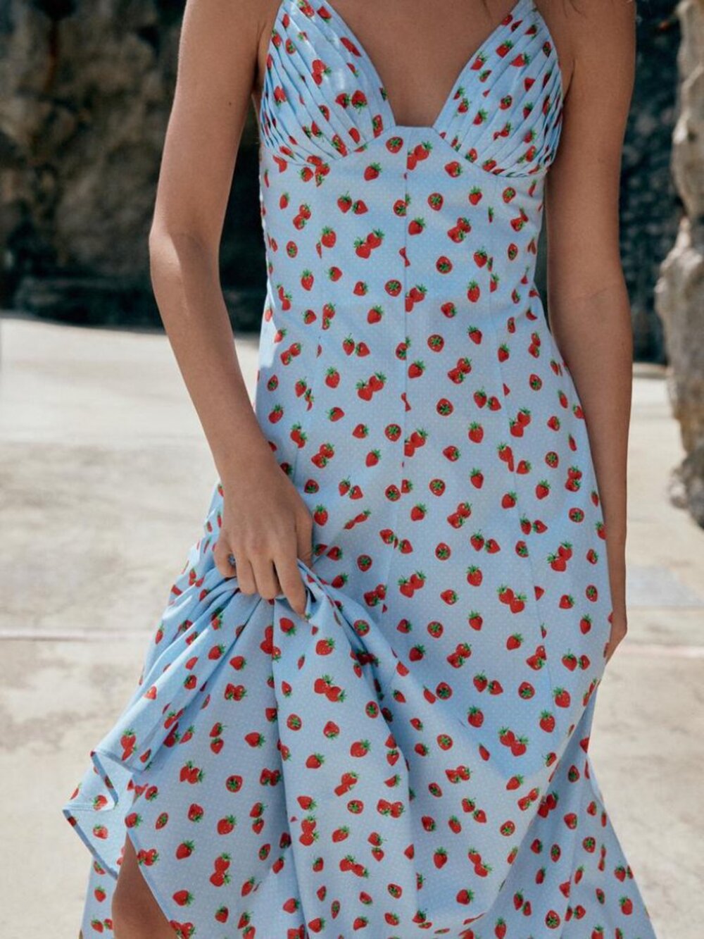 ZARA Strawberry Print Poplin Midi Dress Sky Blue Cotton XS NWT Summer Boho Chic